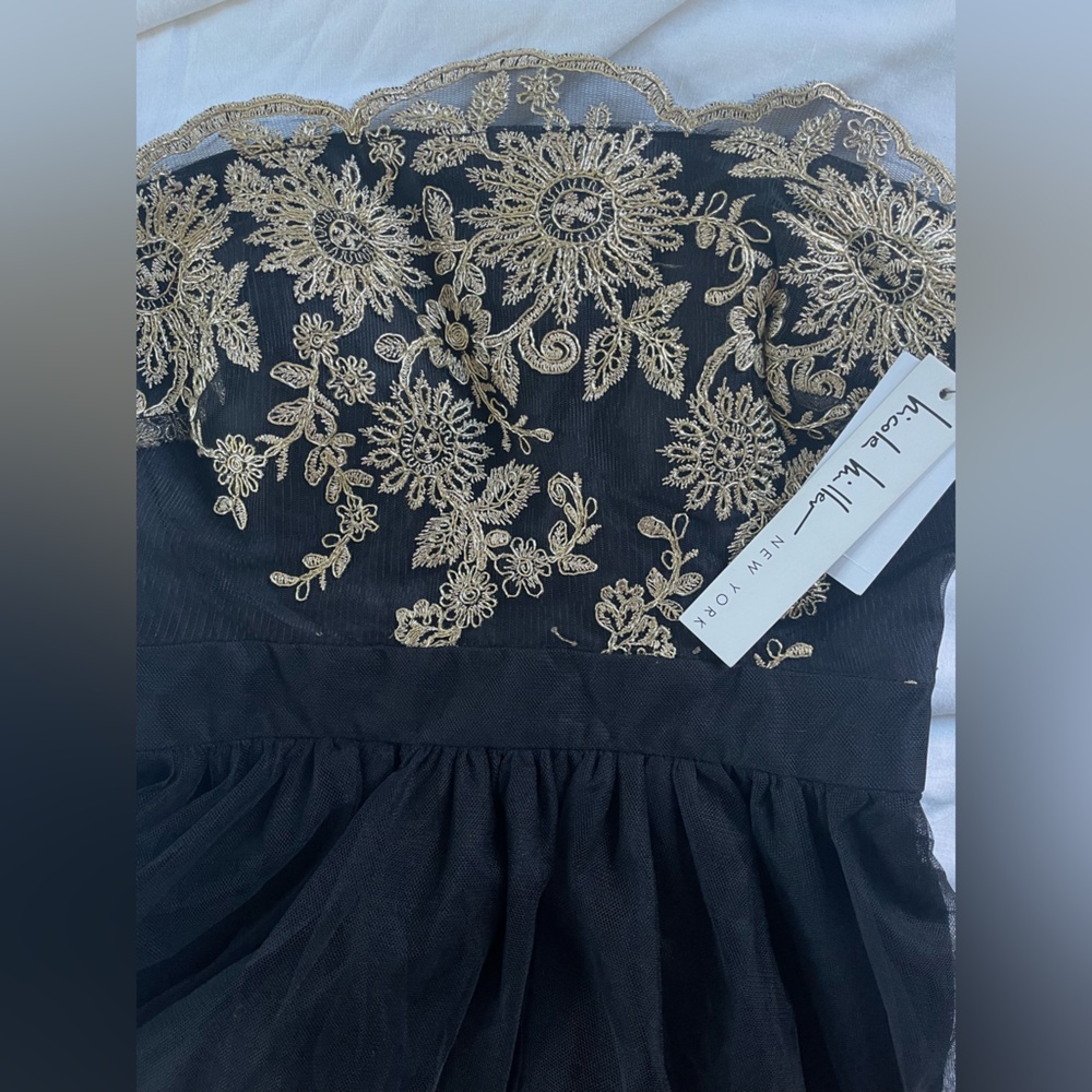 Nicole Miller Strapless Dress - Black Tulle and Gold Embroidery Size 2